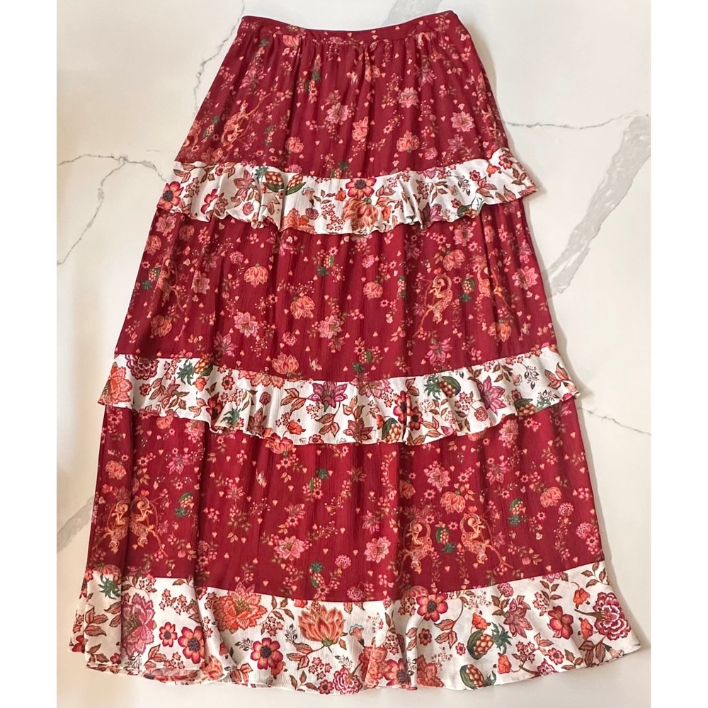 Farm Rio Anthropologie Red Floral Tiered Maxi Skirt Ruffle Boho Crepe Size M